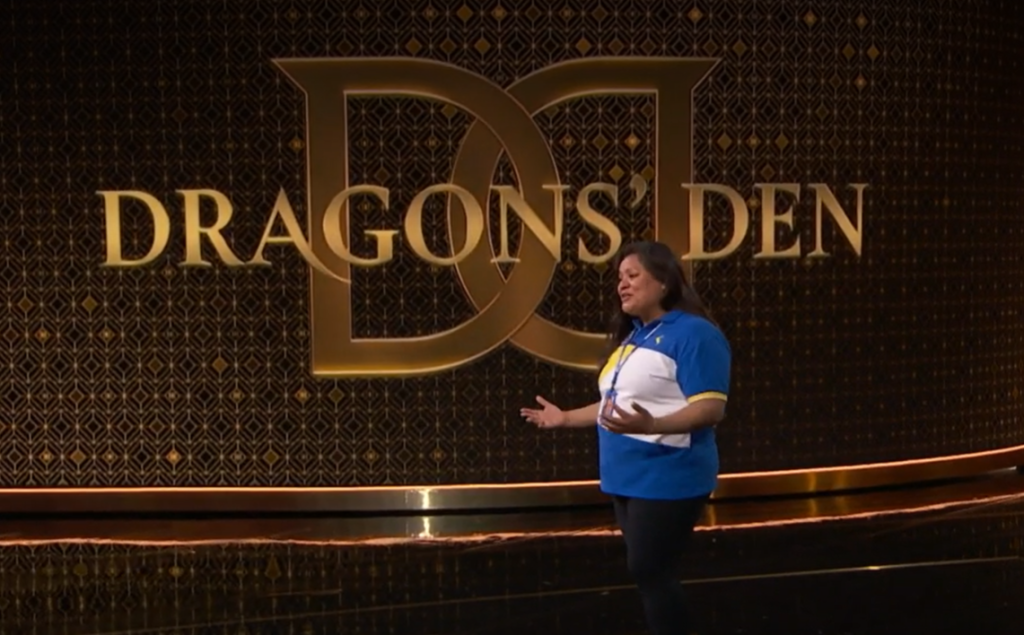 Julieta Miranda pitches Kid Drop Inc on CBC Dragon's Den. Image via CBC Gem