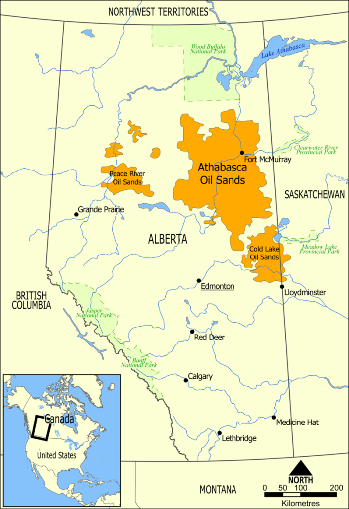 Athabasca oil sands deposit map. Image via Wikimedia -CC license.