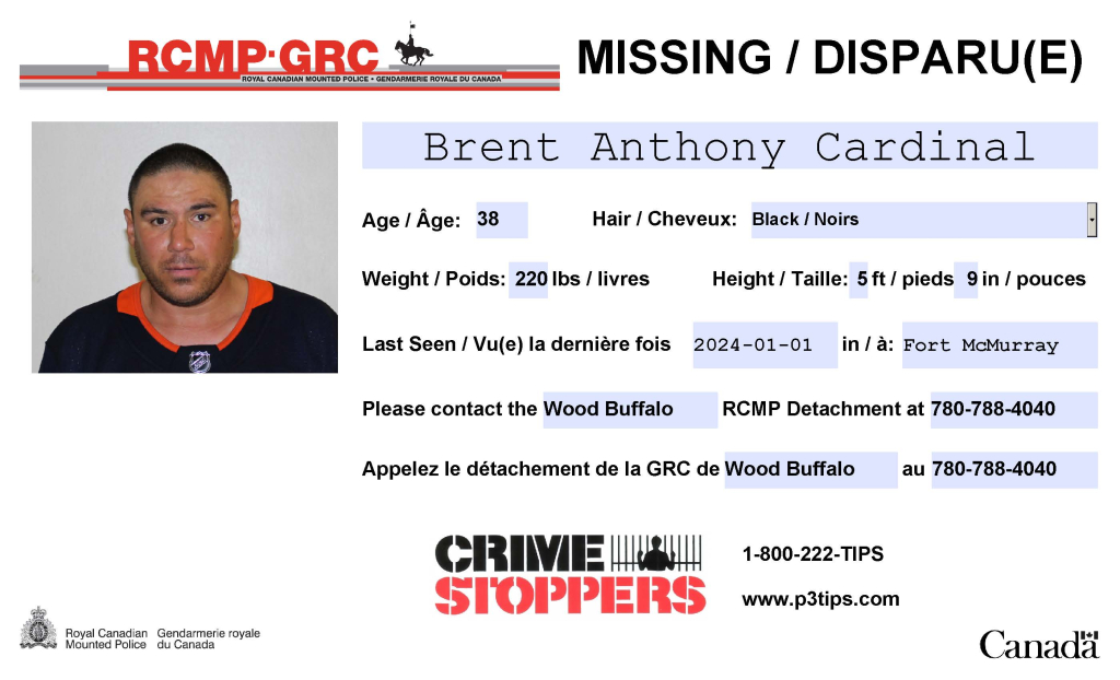 Brent Cardinal, Missing Poster. RCMP Supplied image