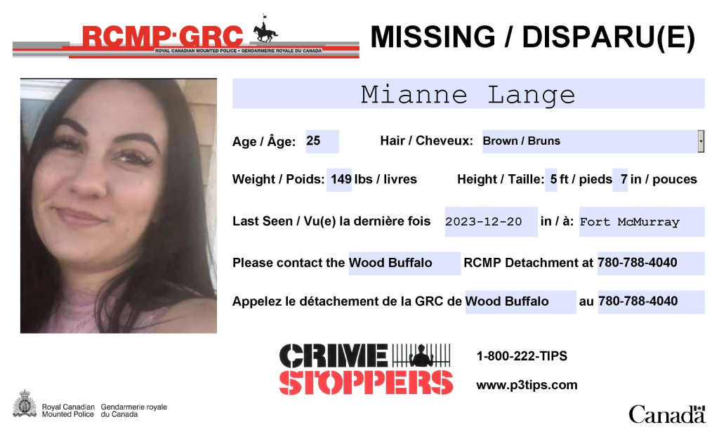 Mianne Elaine Lange, Missing Person. RCMP supplied poster