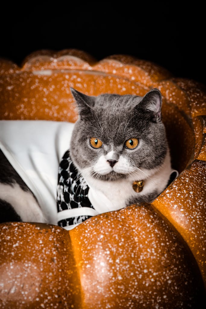 Grey Cat Lying in a Pumpkin